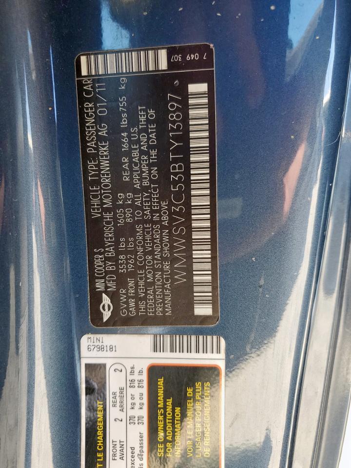 2011 Mini Cooper S VIN: WMWSV3C53BTY13897 Lot: 92177395