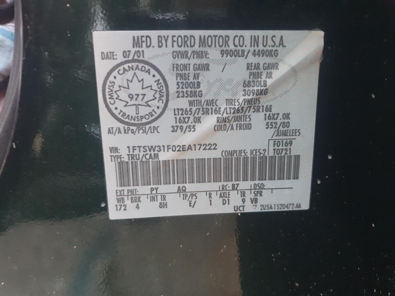 2002 Ford F350 Srw Super Duty VIN: 1FTSW31F02EA17222 Lot: 92245395