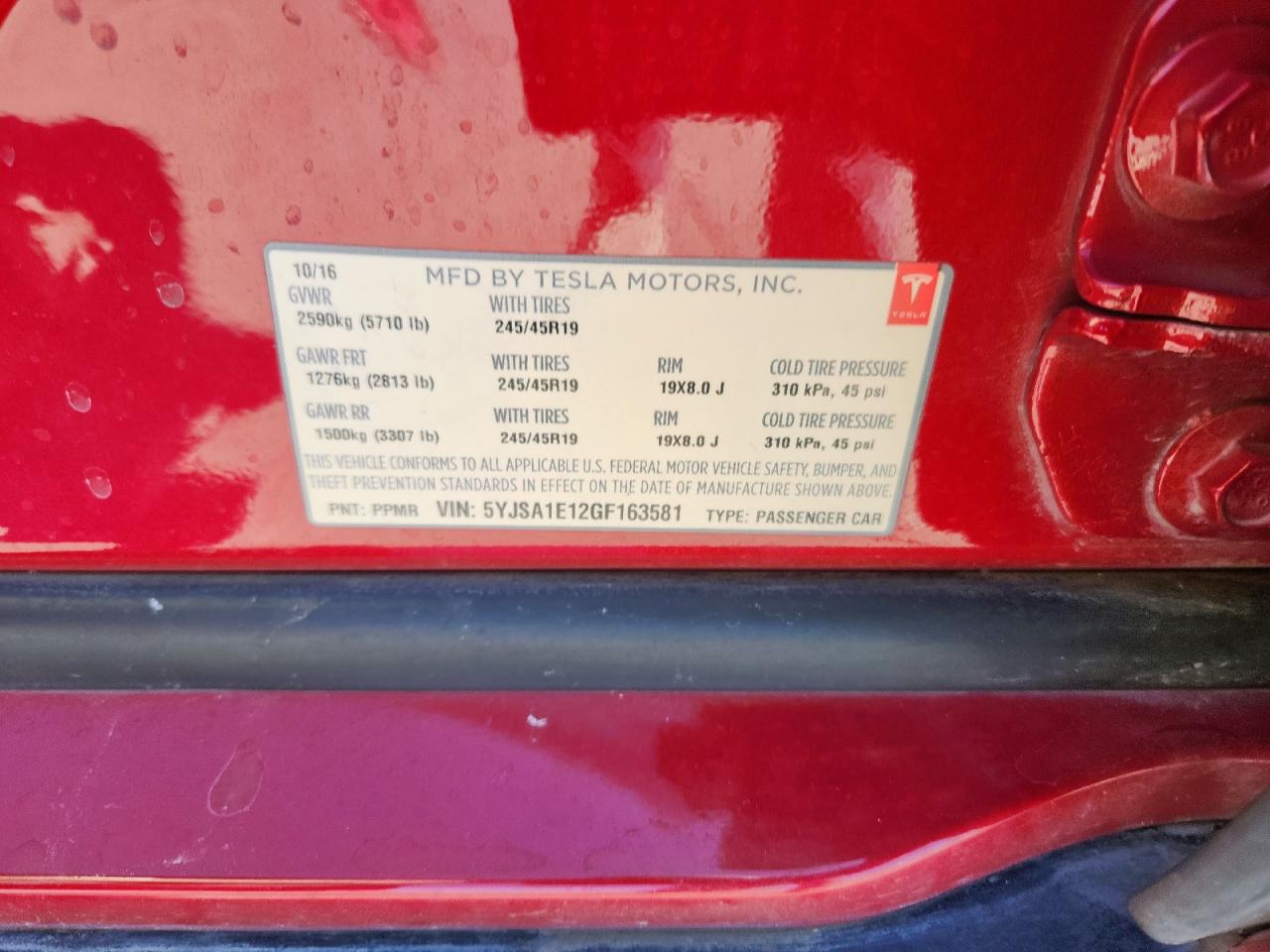 2016 Tesla Model S VIN: 5YJSA1E12GF163581 Lot: 91267475