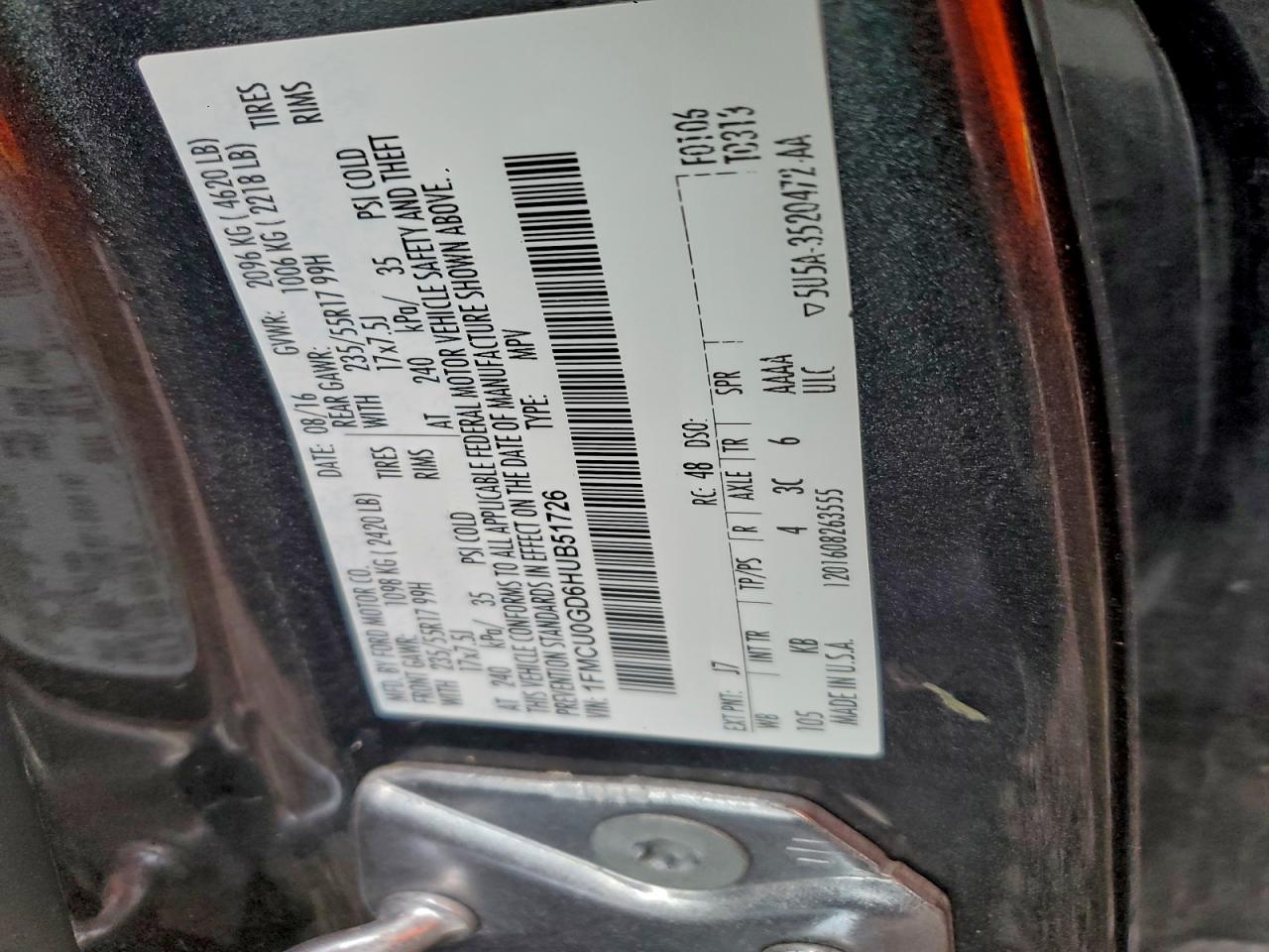 2017 Ford Escape Se VIN: 1FMCU0GD6HUB51726 Lot: 93571215