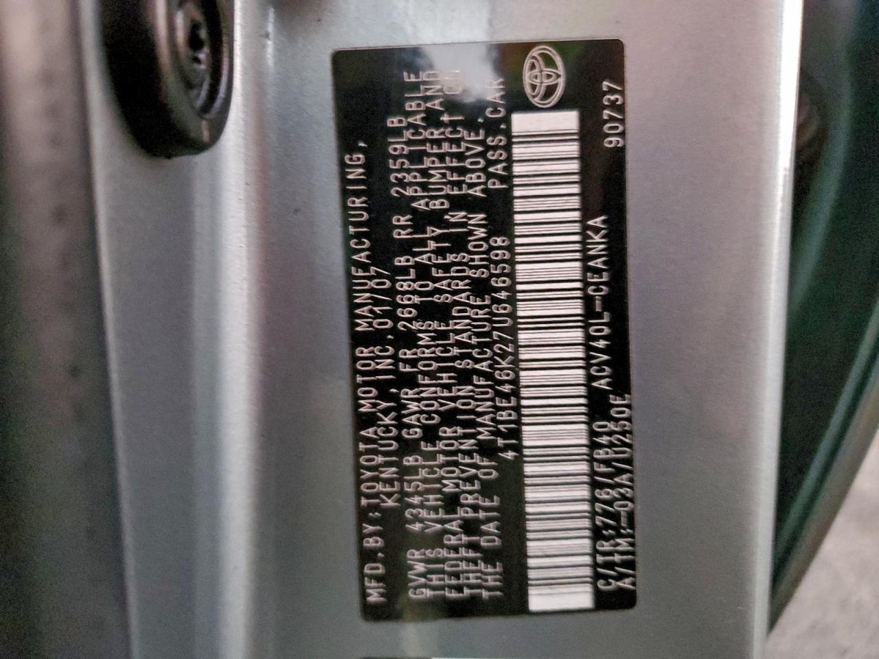 2007 Toyota Camry Ce VIN: 4T1BE46K27U646598 Lot: 93764145