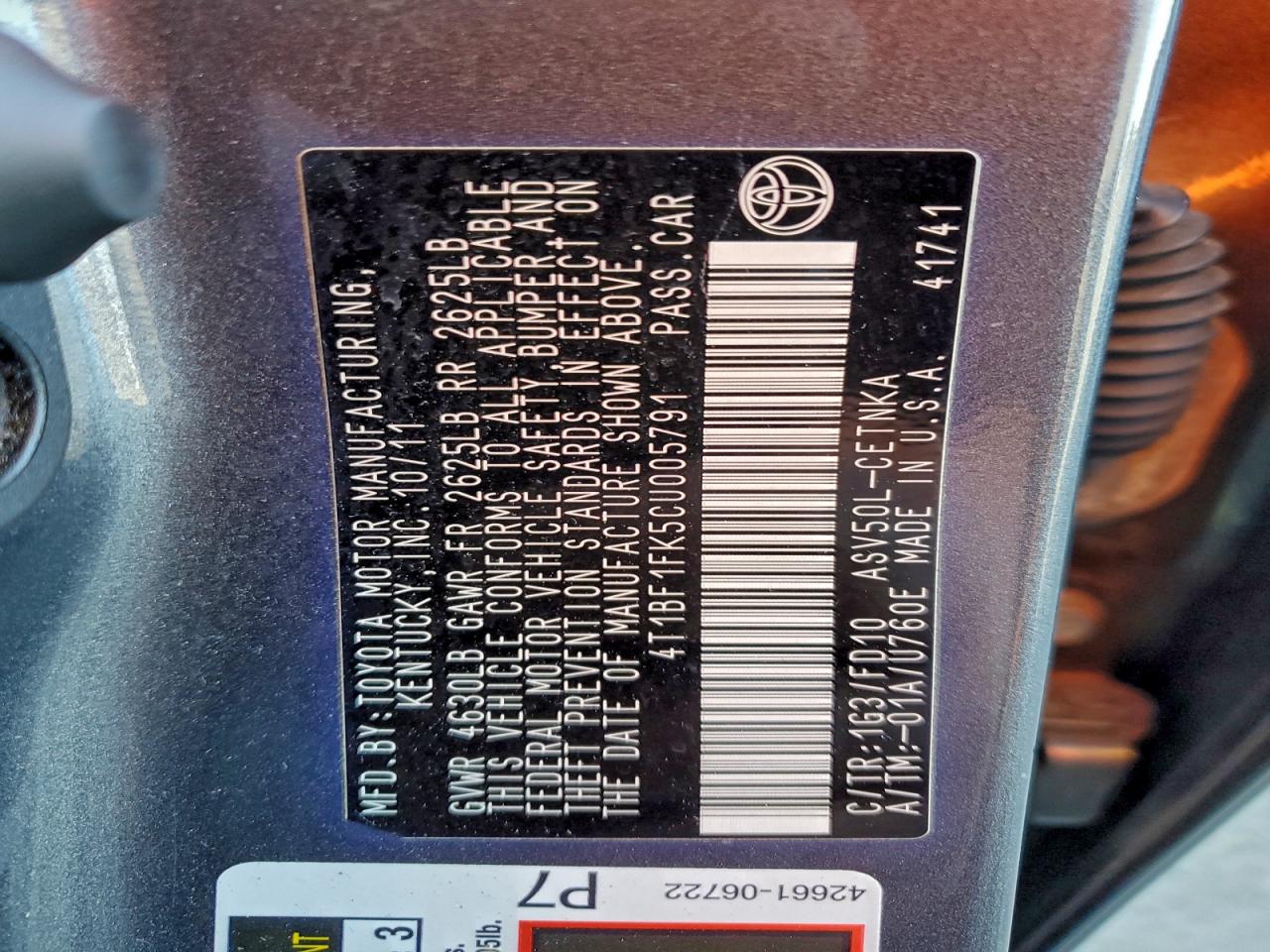 2012 Toyota Camry Base VIN: 4T1BF1FK5CU005791 Lot: 94324665