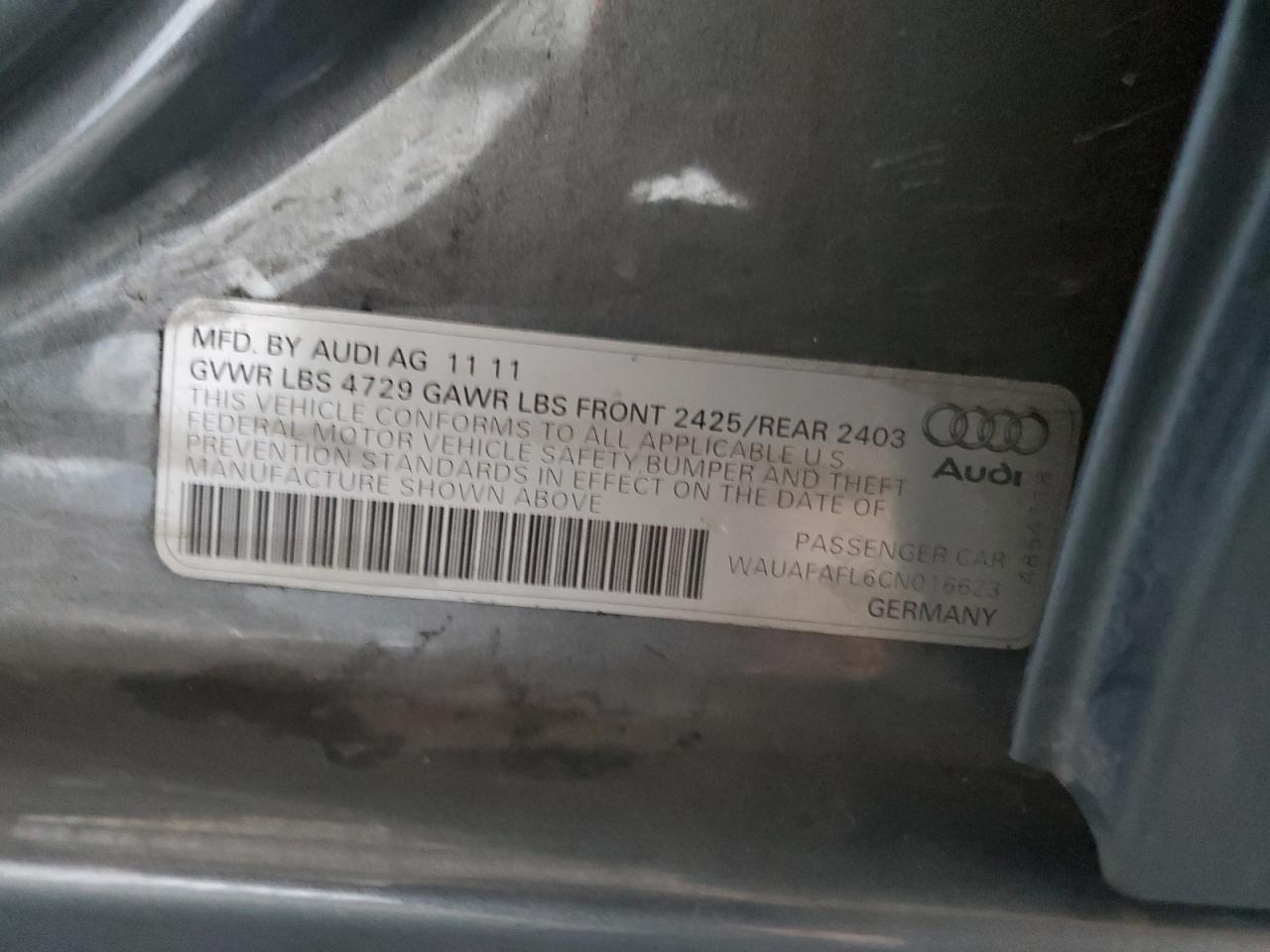 2012 Audi A4 Premium VIN: WAUAFAFL6CN016623 Lot: 92024075