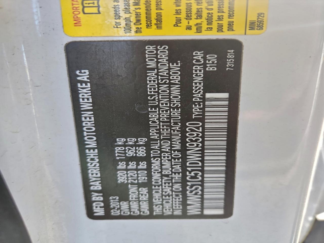 2013 Mini Cooper Paceman VIN: WMWSS1C51DWN93920 Lot: 93327635