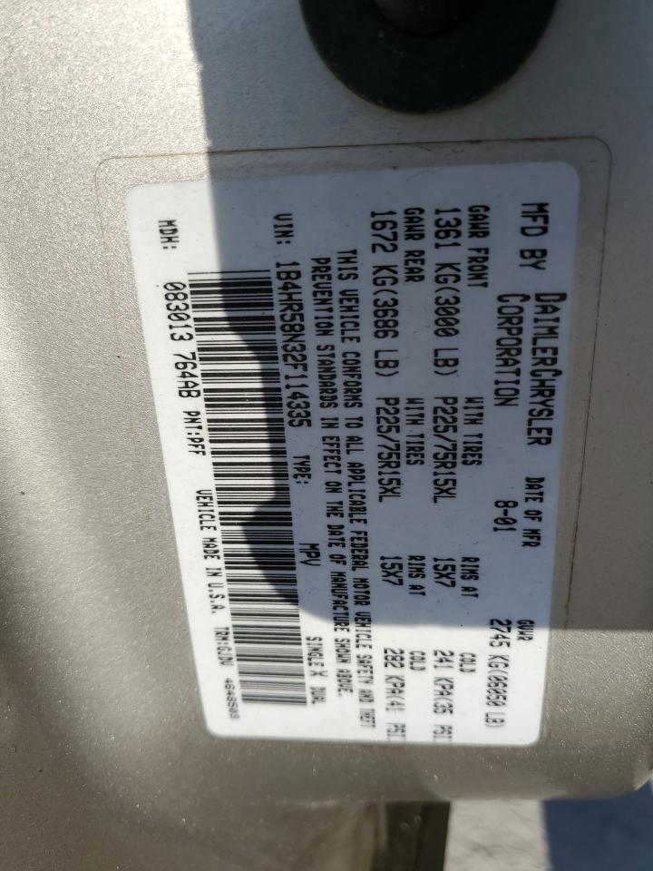 2002 Dodge Durango Slt Plus VIN: 1B4HR58N32F114335 Lot: 93006965