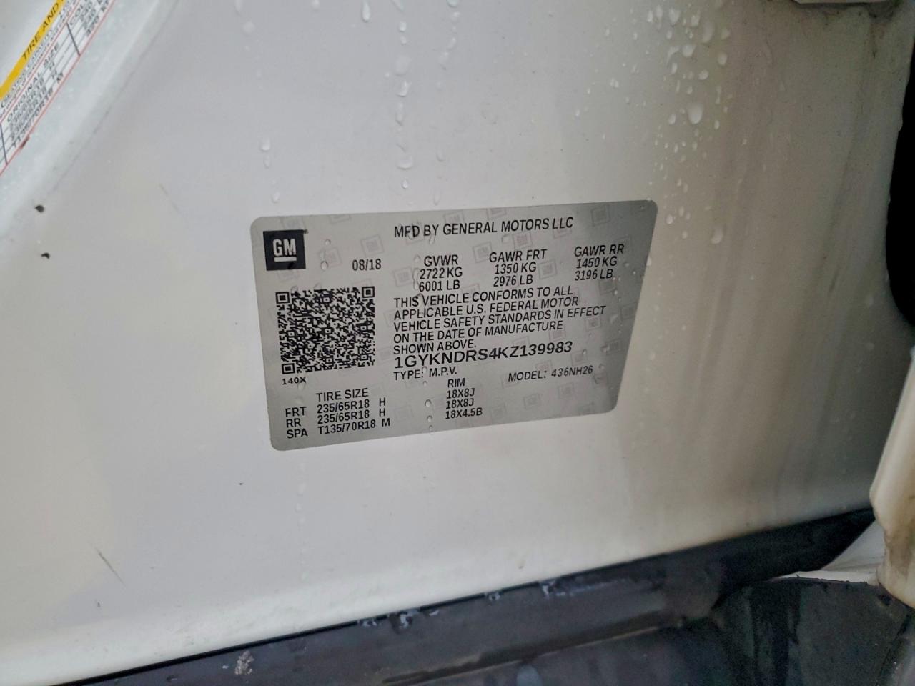 2019 Cadillac Xt5 Luxury VIN: 1GYKNDRS4KZ139983 Lot: 93040495