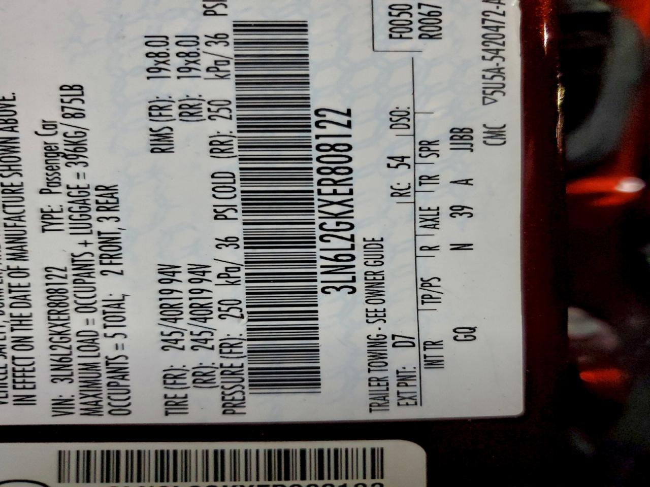 2014 Lincoln Mkz VIN: 3LN6L2GKXER808122 Lot: 95075175