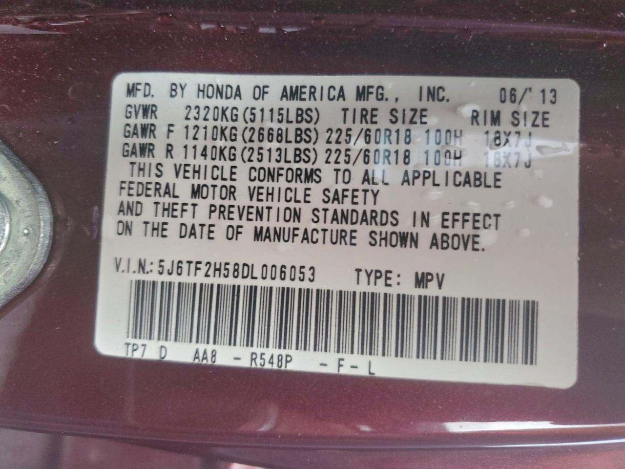 2013 Honda Crosstour Exl VIN: 5J6TF2H58DL006053 Lot: 94405425