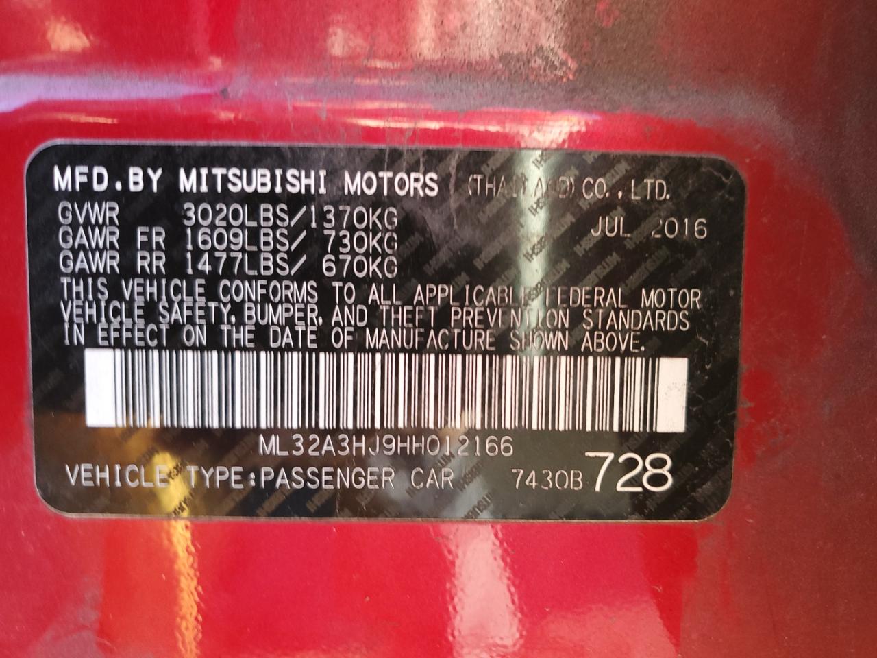 2017 Mitsubishi Mirage Es VIN: ML32A3HJ9HH012166 Lot: 92729835