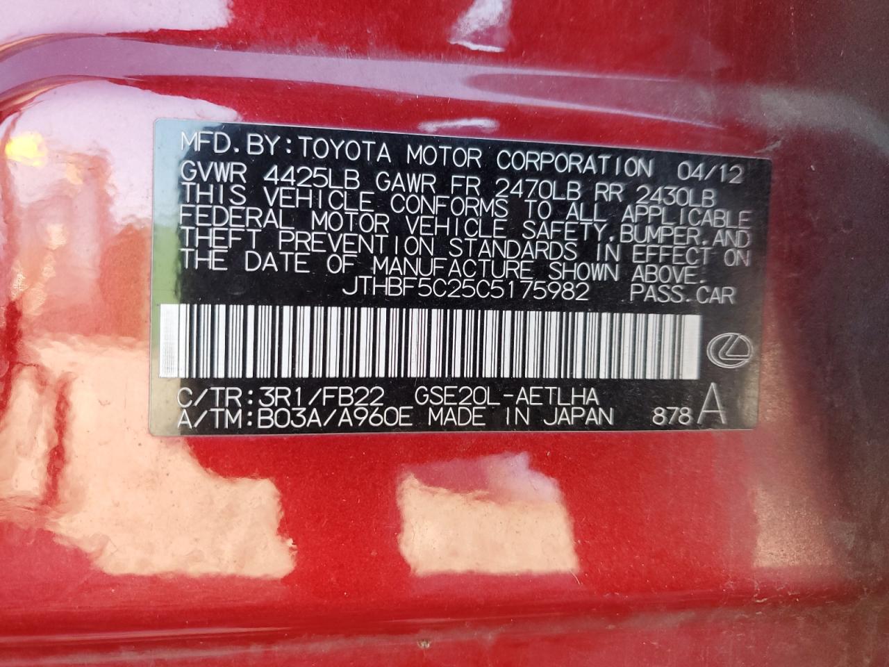 2012 Lexus Is 250 VIN: JTHBF5C25C5175982 Lot: 92357455