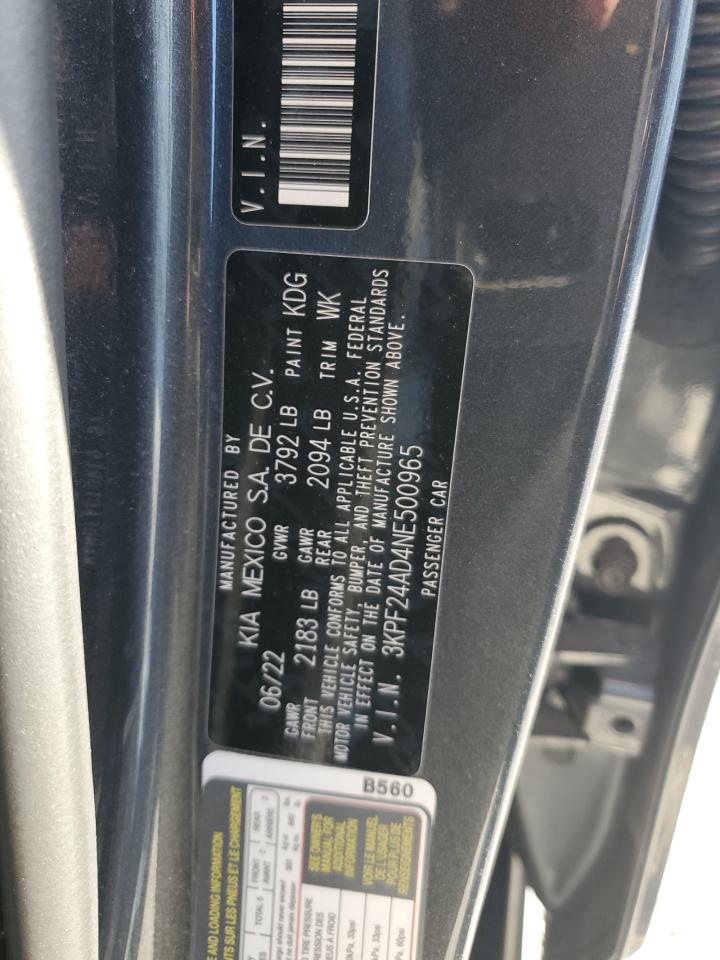 2022 Kia Forte Fe VIN: 3KPF24AD4NE500965 Lot: 91581155