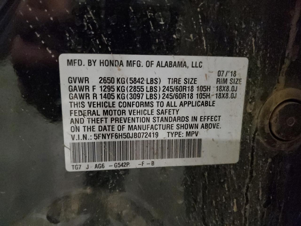 2018 Honda Pilot Exl VIN: 5FNYF6H50JB072419 Lot: 91204425