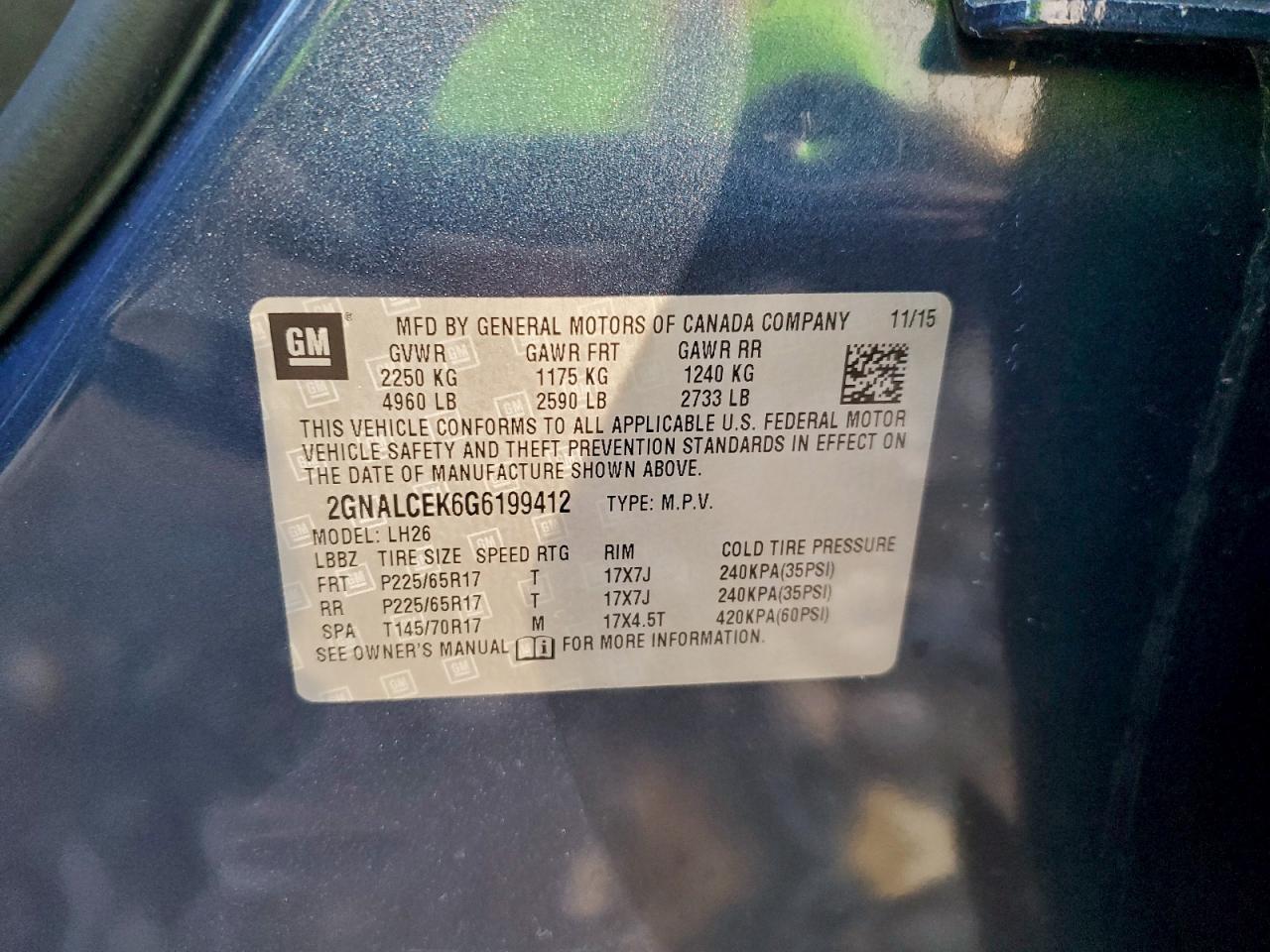 2016 Chevrolet Equinox Lt VIN: 2GNALCEK6G6199412 Lot: 93237135