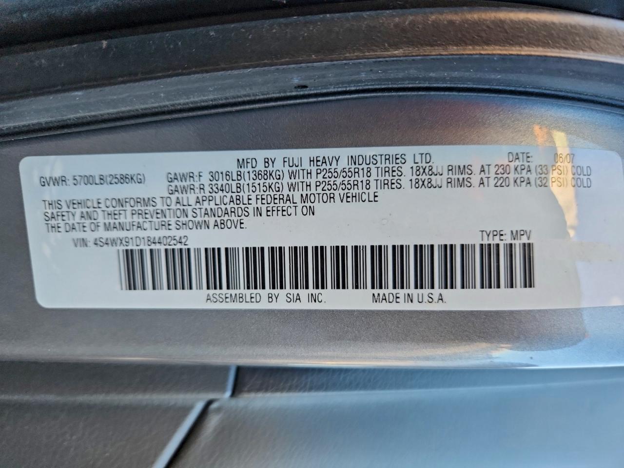 2008 Subaru Tribeca VIN: 4S4WX91D184402542 Lot: 92908035