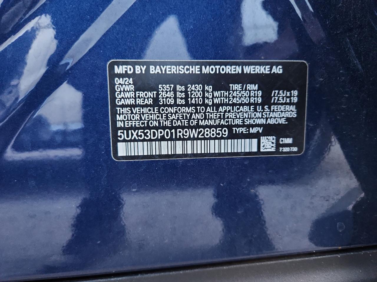 2024 BMW X3 xDrive30I VIN: 5UX53DP01R9W28859 Lot: 92888885