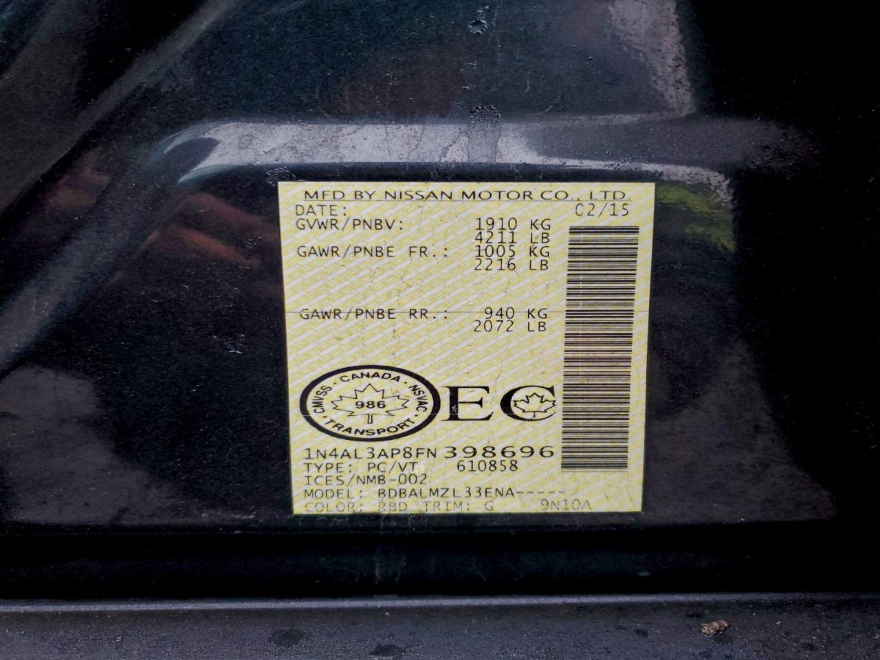 2015 Nissan Altima 2.5 VIN: 1N4AL3AP8FN398696 Lot: 93696165