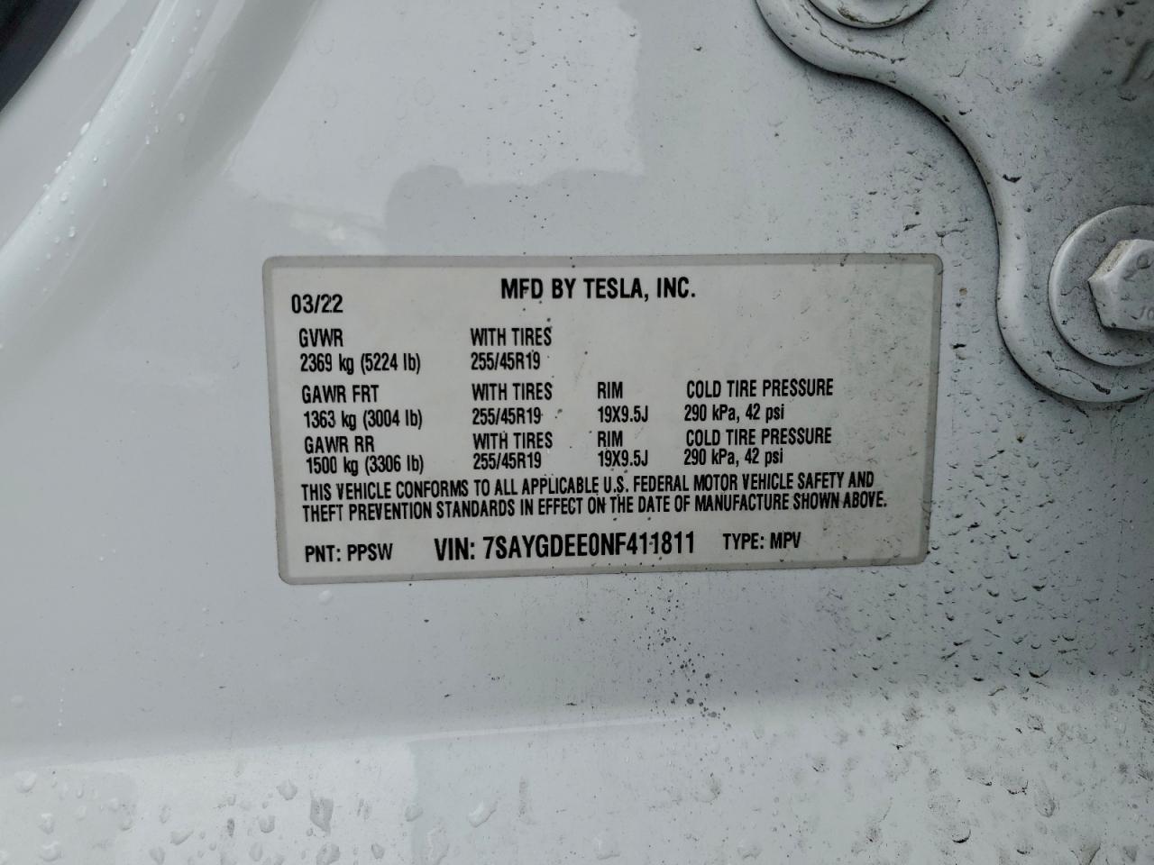 2022 Tesla Model Y VIN: 7SAYGDEE0NF411811 Lot: 93710145