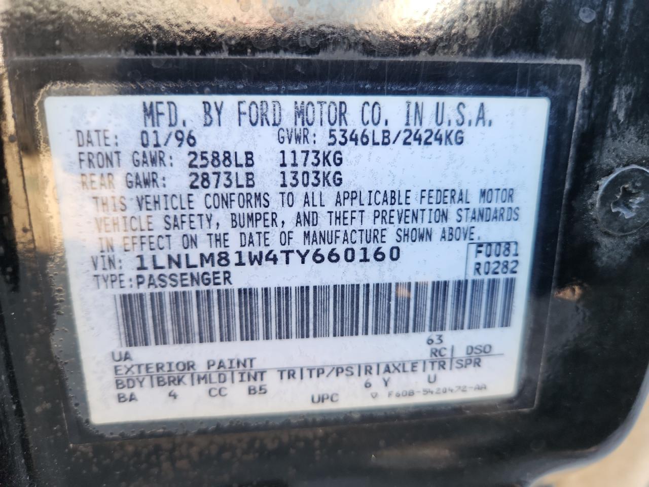 1996 Lincoln Town Car Executive VIN: 1LNLM81W4TY660160 Lot: 91620245