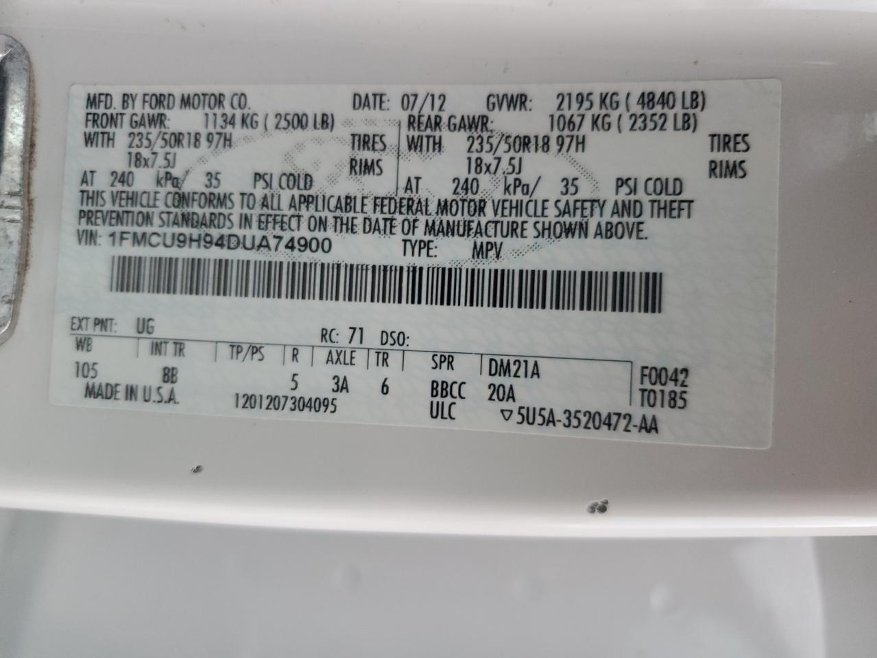 2013 Ford Escape Sel VIN: 1FMCU9H94DUA74900 Lot: 92873995