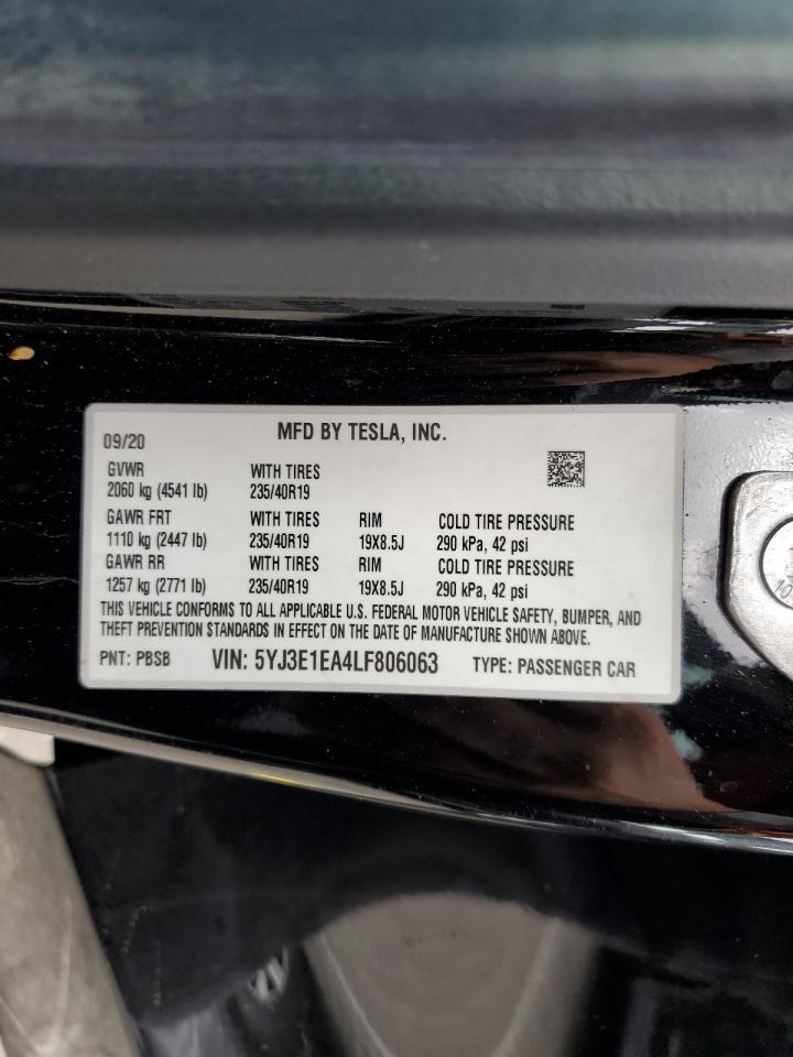 2020 Tesla Model 3 VIN: 5YJ3E1EA4LF806063 Lot: 93344605