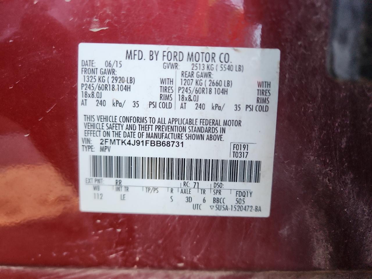 2015 Ford Edge Sel VIN: 2FMTK4J91FBB68731 Lot: 91699435