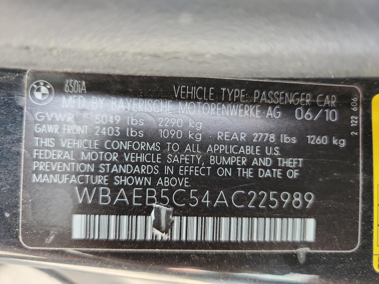 2010 BMW 650 I VIN: WBAEB5C54AC225989 Lot: 89709095