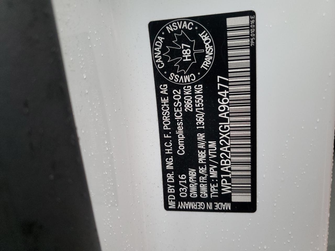 2016 Porsche Cayenne S VIN: WP1AB2A2XGLA96477 Lot: 91004225