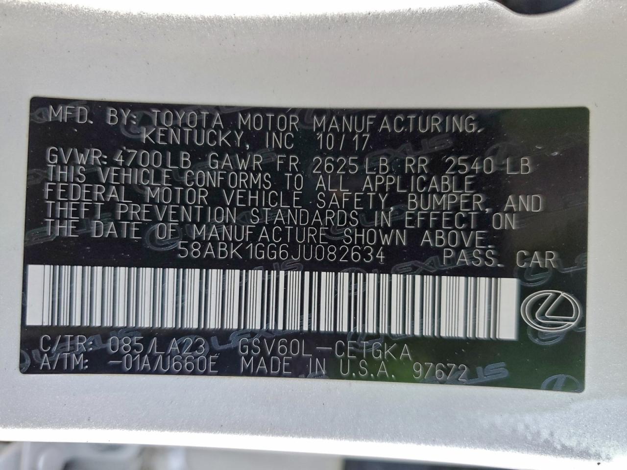 2018 Lexus Es 350 VIN: 58ABK1GG6JU082634 Lot: 93965135