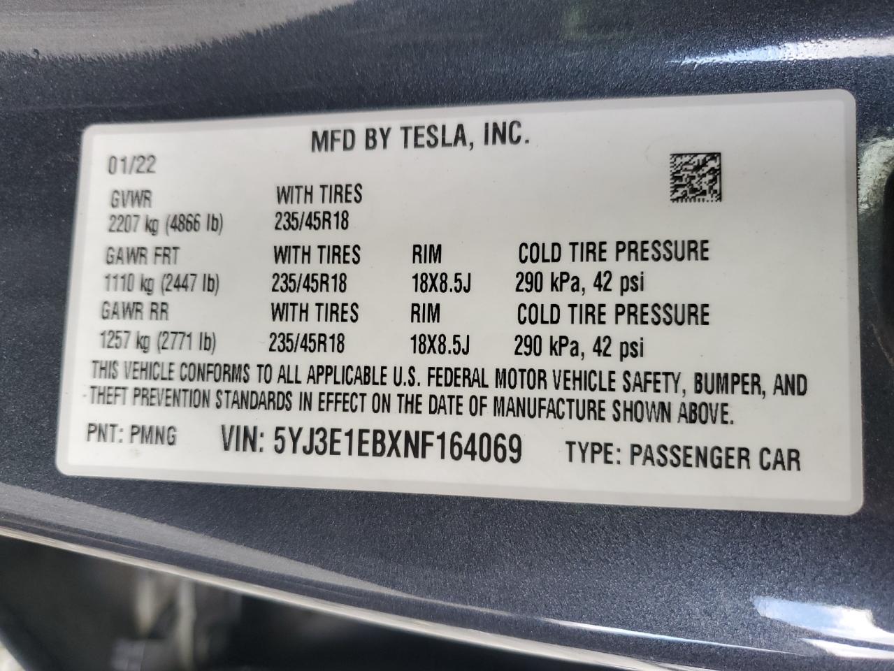 2022 Tesla Model 3 VIN: 5YJ3E1EBXNF164069 Lot: 93115975