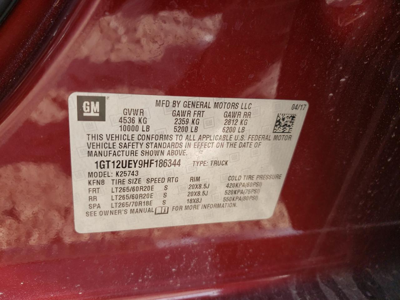 2017 GMC Sierra K2500 Denali VIN: 1GT12UEY9HF186344 Lot: 91112885