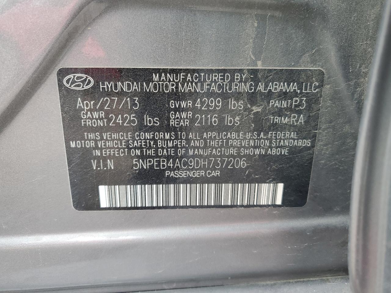 2013 Hyundai Sonata Gls VIN: 5NPEB4AC9DH737206 Lot: 93899815