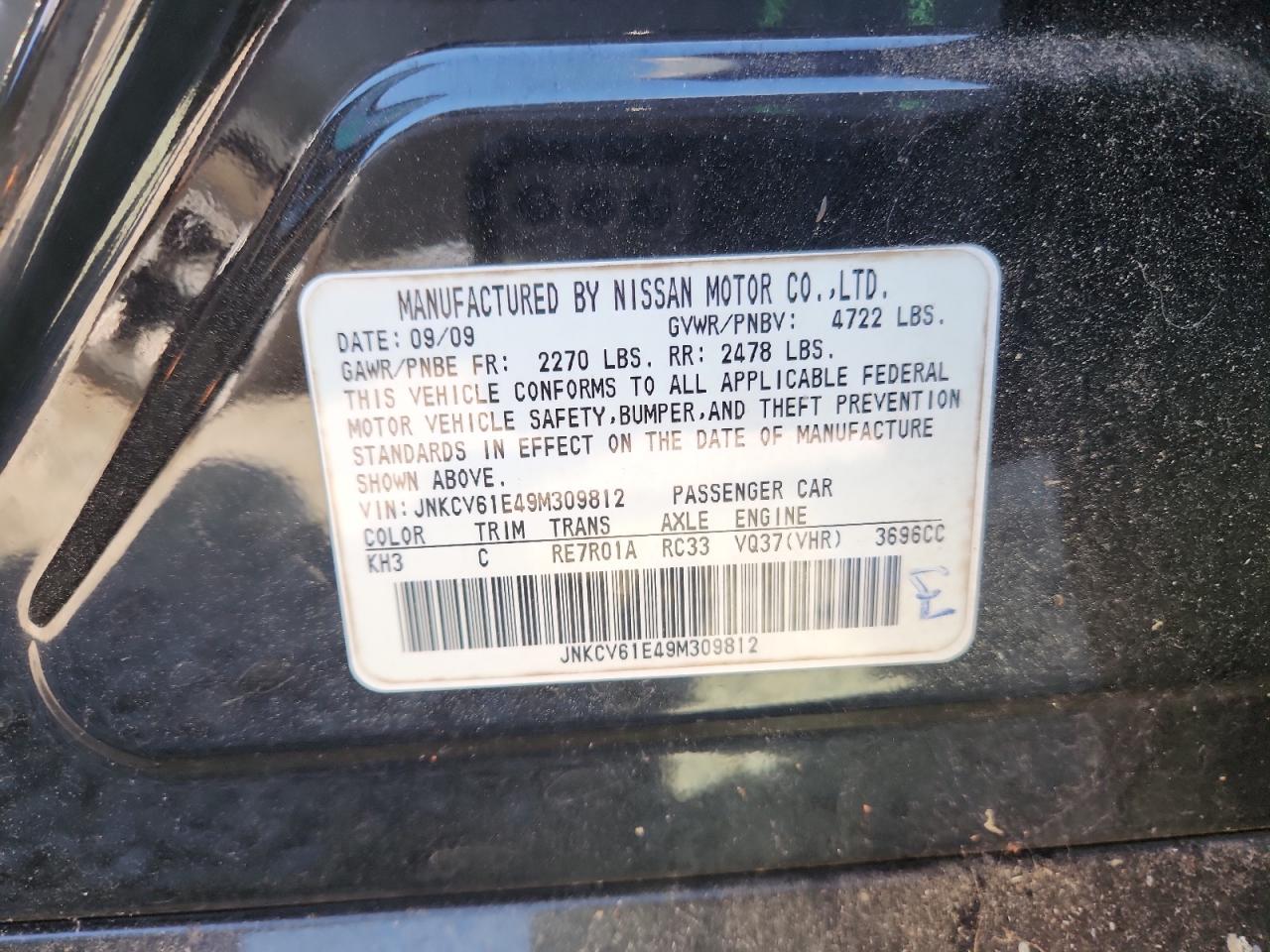 2009 Infiniti G37 Base VIN: JNKCV61E49M309812 Lot: 91514145