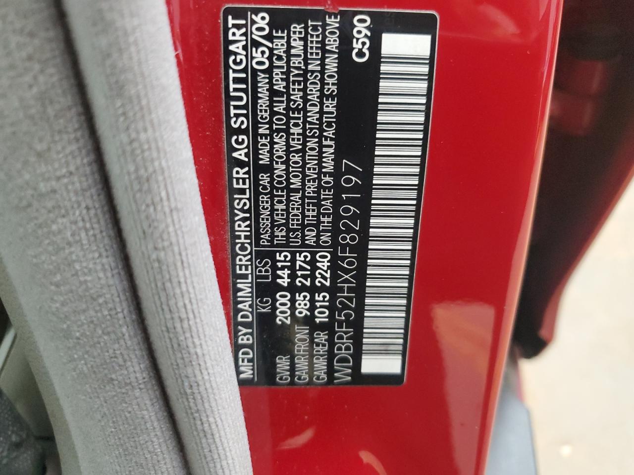 2006 Mercedes-Benz C 230 VIN: WDBRF52HX6F829197 Lot: 92930495