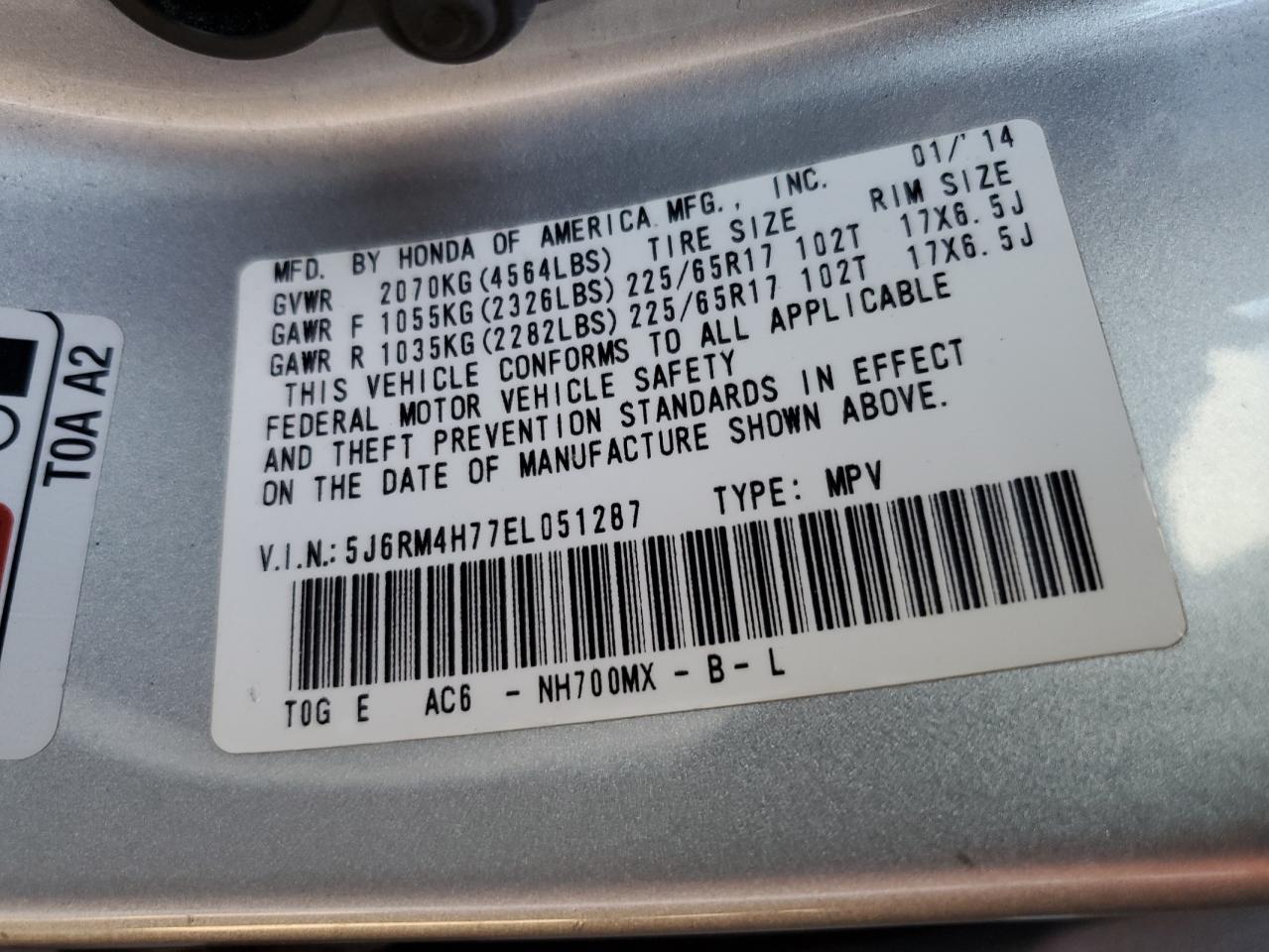 2014 Honda Cr-V Exl VIN: 5J6RM4H77EL051287 Lot: 91069485