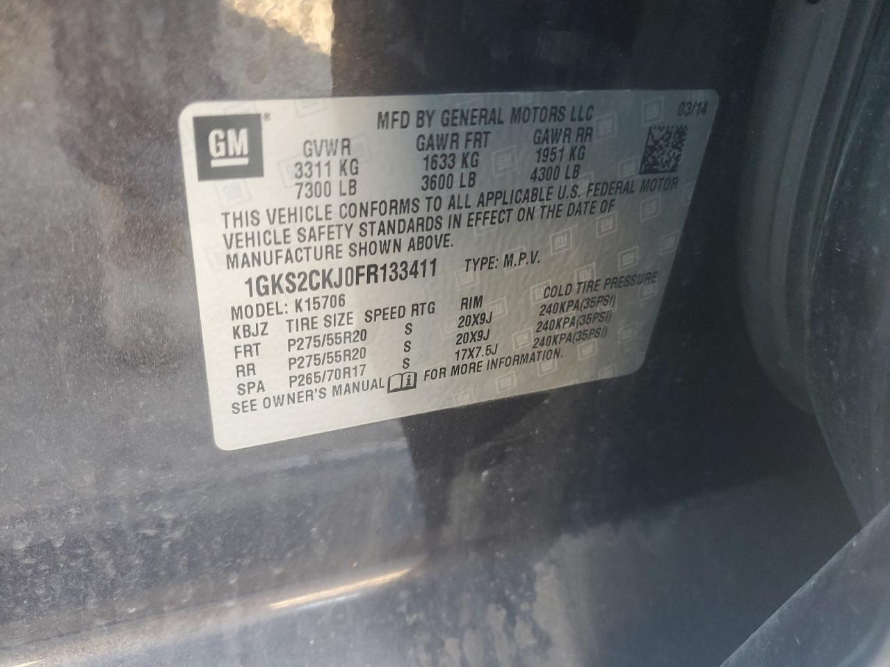 2015 GMC Yukon Denali VIN: 1GKS2CKJ0FR133411 Lot: 92111055