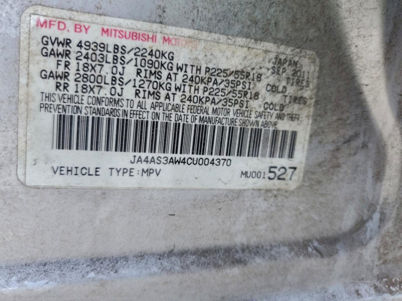 2012 Mitsubishi Outlander Se VIN: JA4AS3AW4CU004370 Lot: 94303215