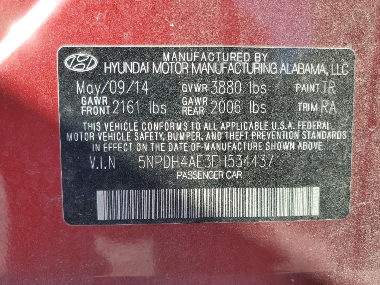 2014 Hyundai Elantra Se VIN: 5NPDH4AE3EH534437 Lot: 93618755