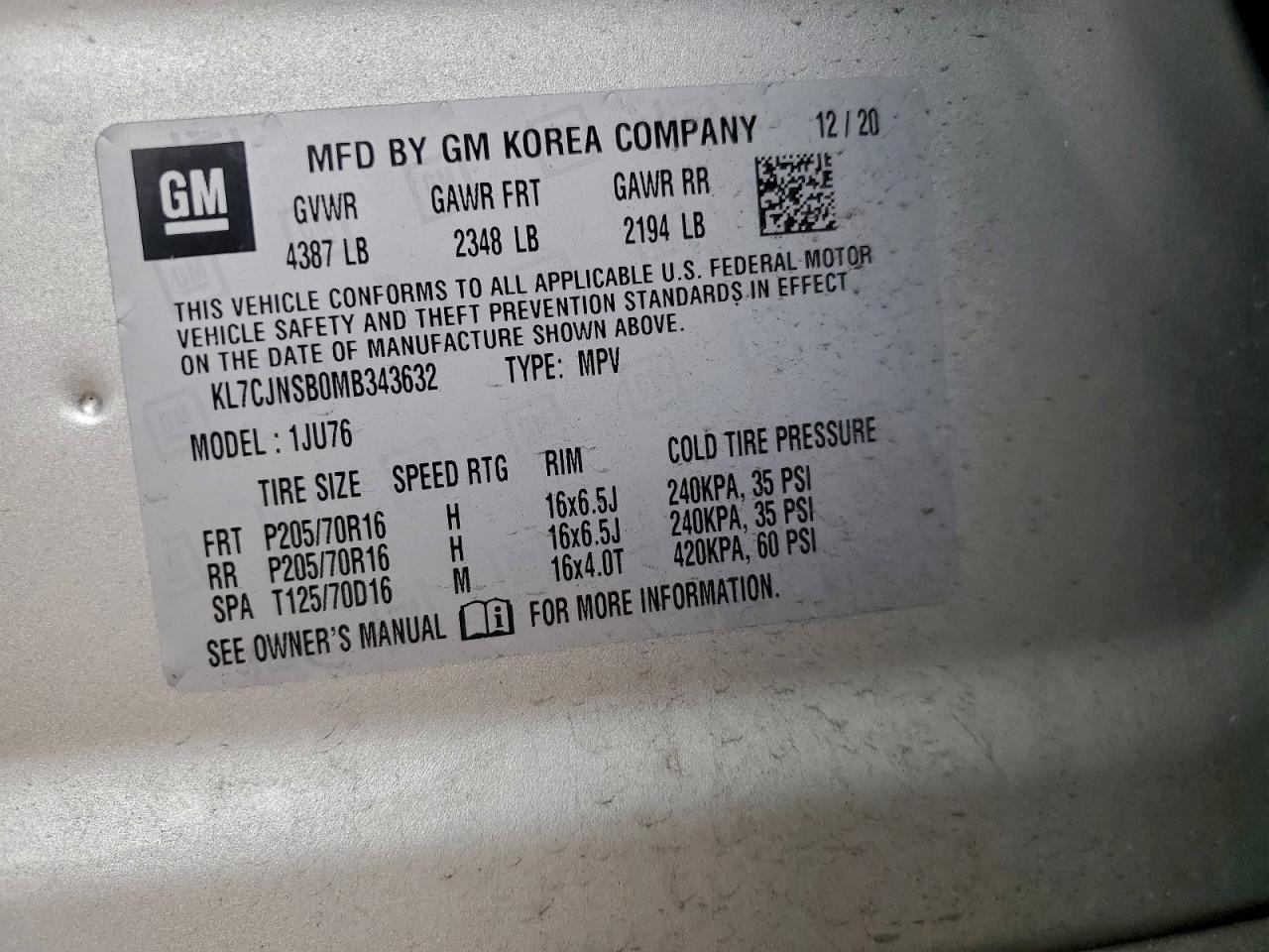 2021 Chevrolet Trax Ls VIN: KL7CJNSB0MB343632 Lot: 94133325