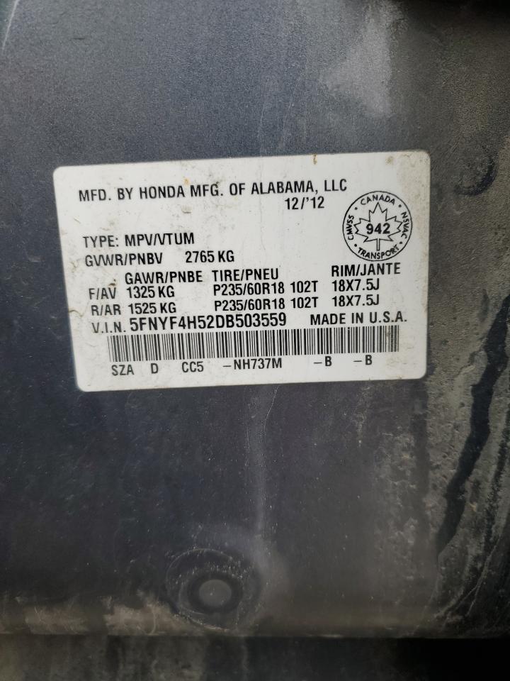 2013 Honda Pilot Exl VIN: 5FNYF4H52DB503559 Lot: 93322395