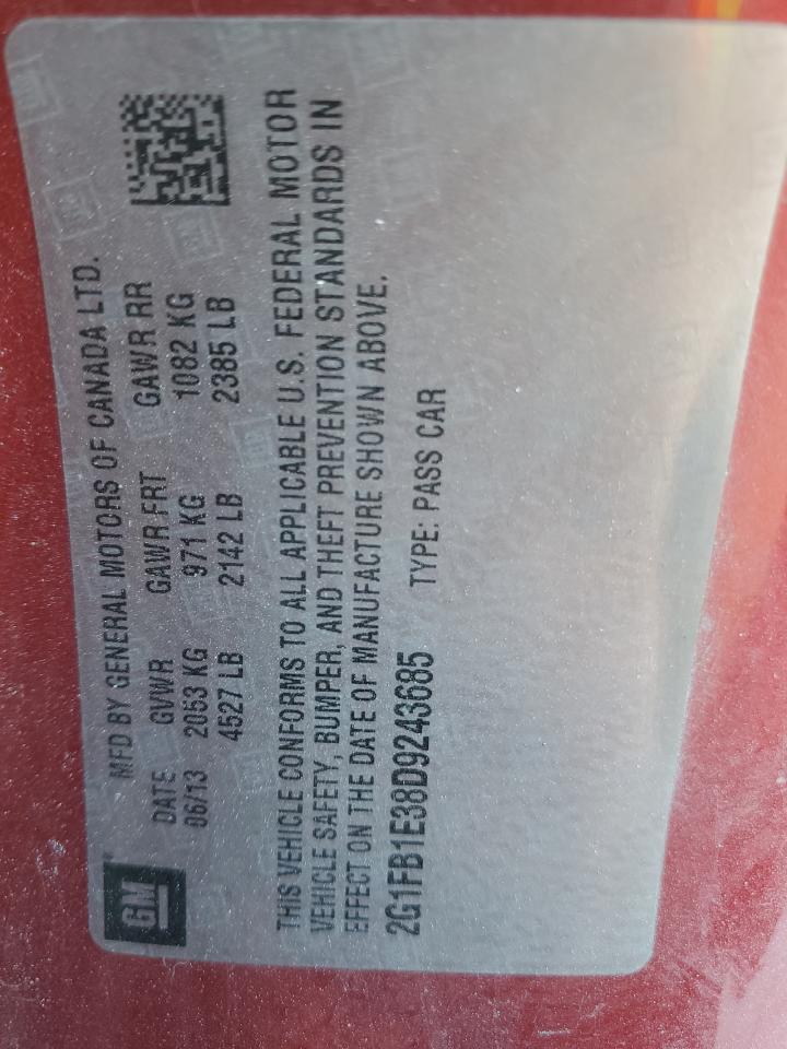 2013 Chevrolet Camaro Lt VIN: 2G1FB1E38D9243685 Lot: 92710265