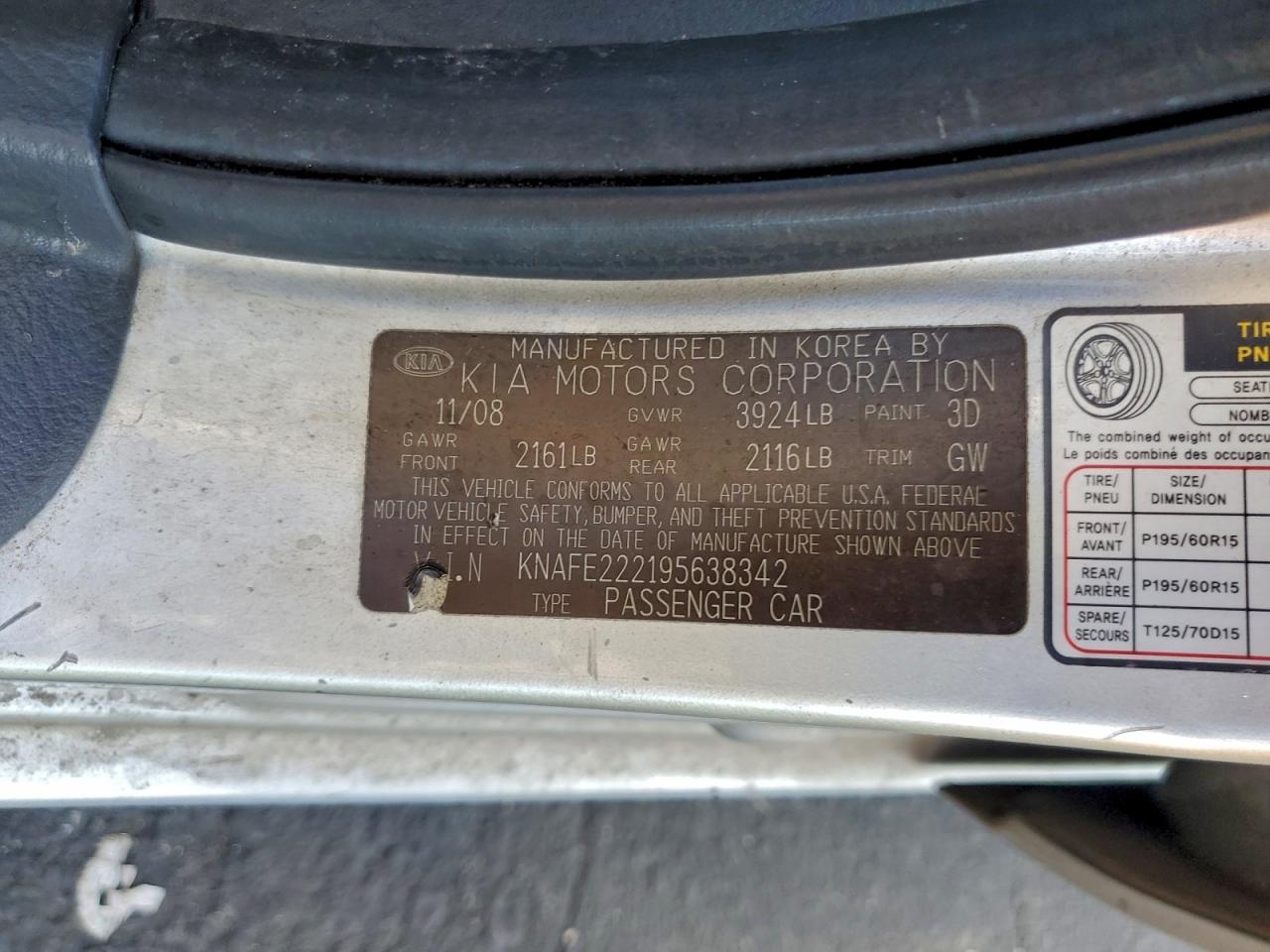 2009 Kia Spectra Ex VIN: KNAFE222195638342 Lot: 94193775