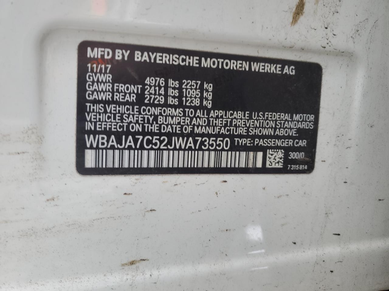 2018 BMW 530 Xi VIN: WBAJA7C52JWA73550 Lot: 92206675