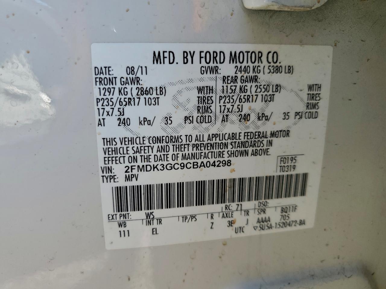 2012 Ford Edge Se VIN: 2FMDK3GC9CBA04298 Lot: 94192325