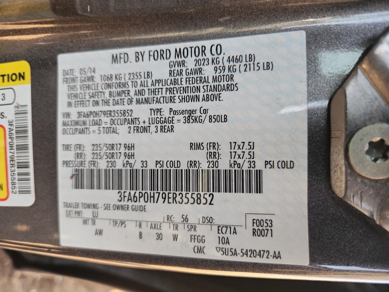 2014 Ford Fusion Se VIN: 3FA6P0H79ER355852 Lot: 92092495