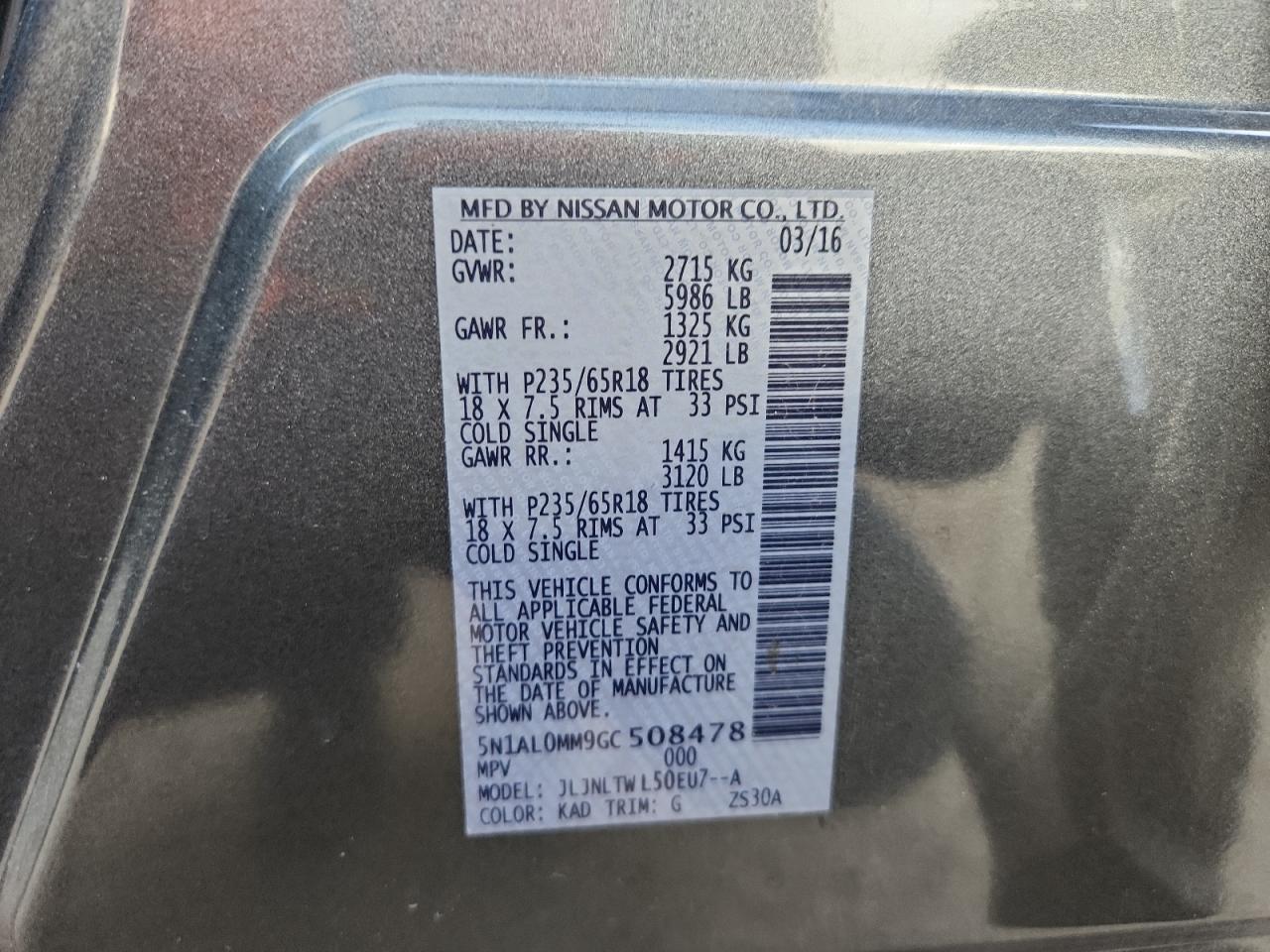 2016 Infiniti Qx60 VIN: 5N1AL0MM9GC508478 Lot: 91696375