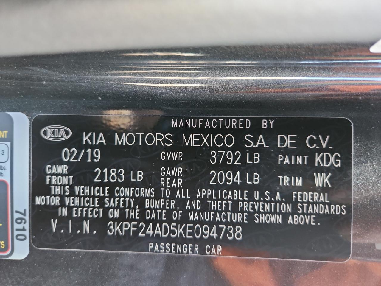 2019 Kia Forte Fe VIN: 3KPF24AD5KE094738 Lot: 92864055