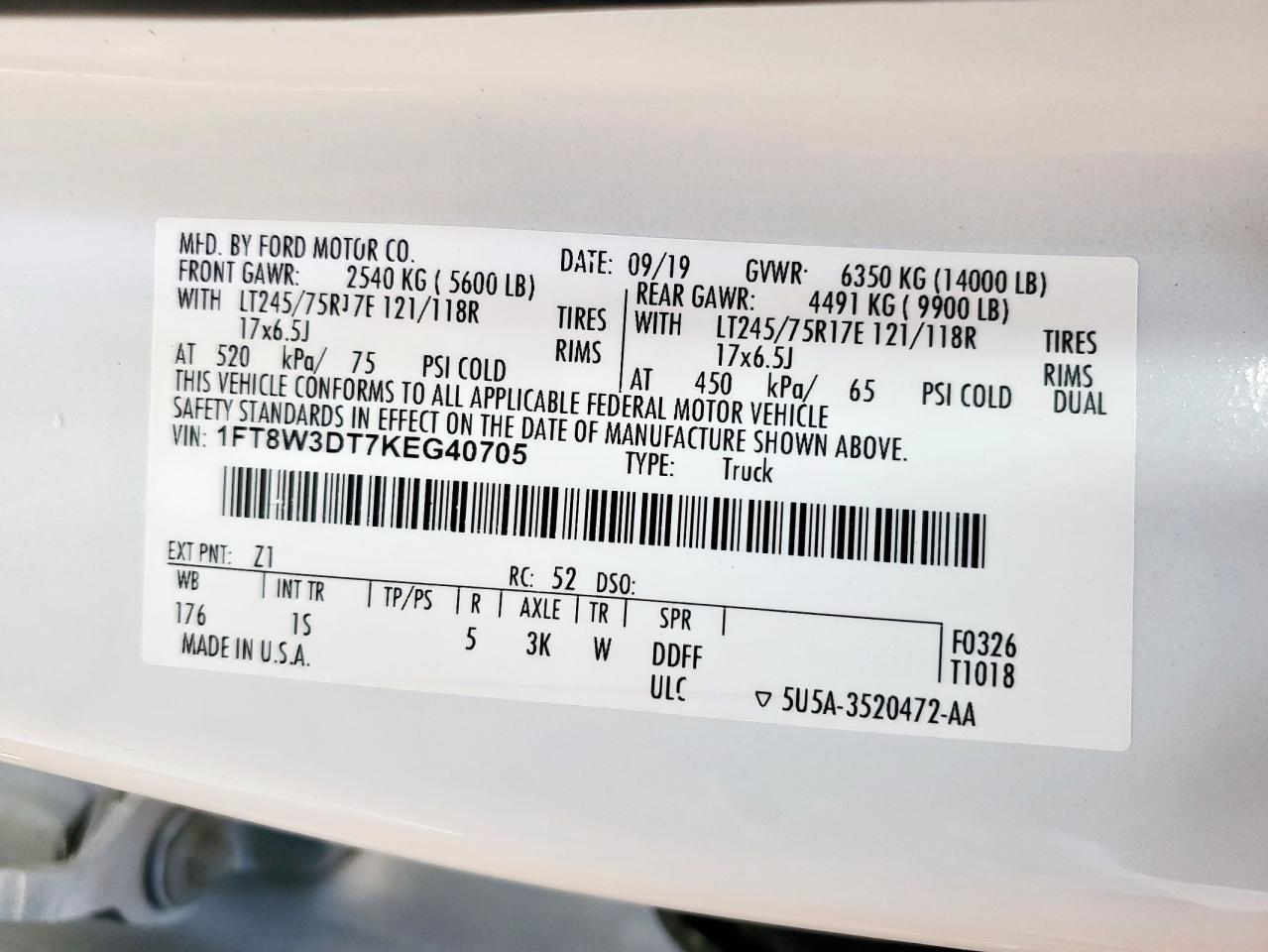 2019 Ford F350 Super Duty VIN: 1FT8W3DT7KEG40705 Lot: 92994795