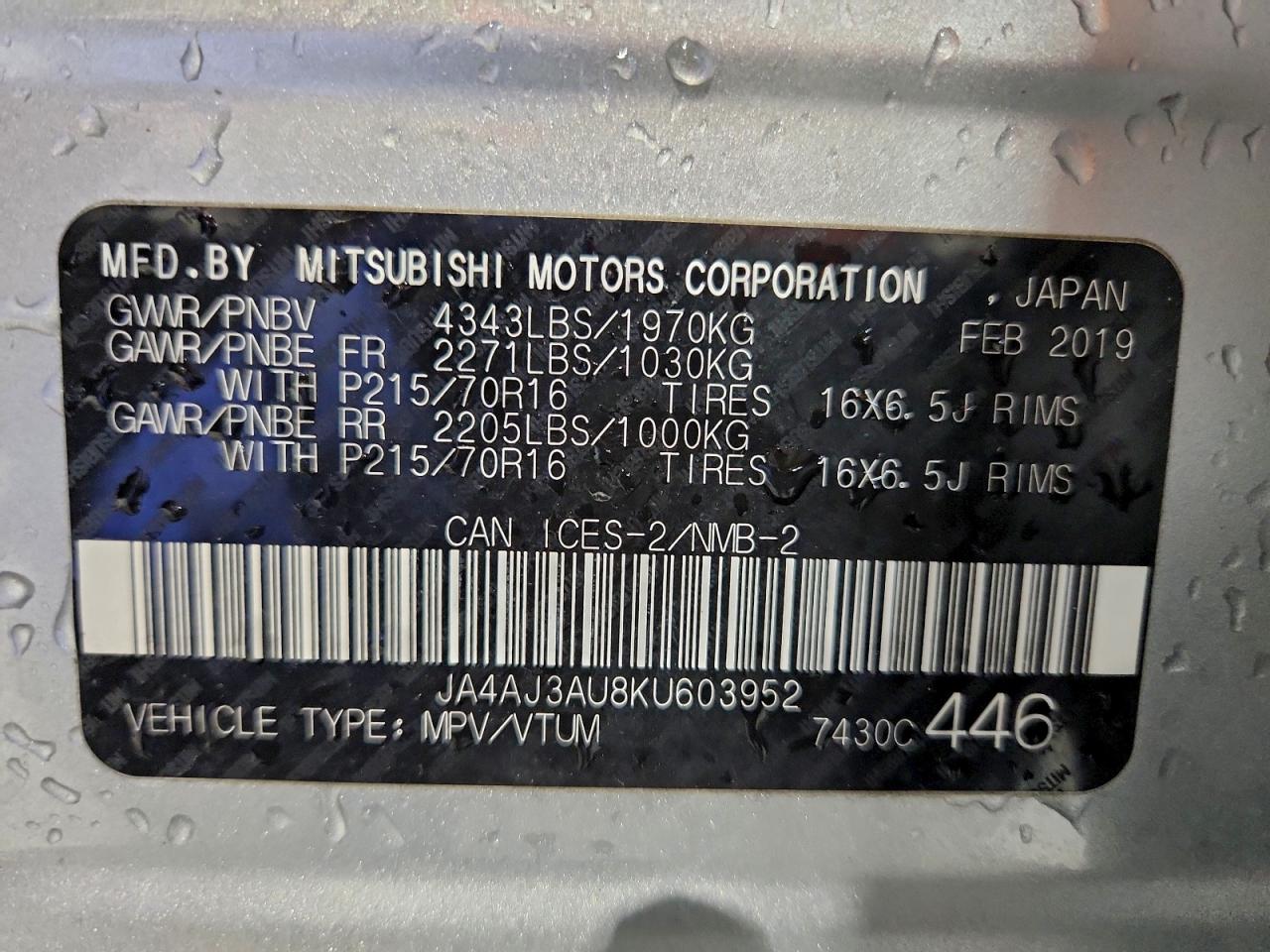 2019 Mitsubishi Rvr Se VIN: JA4AJ3AU8KU603952 Lot: 94980045