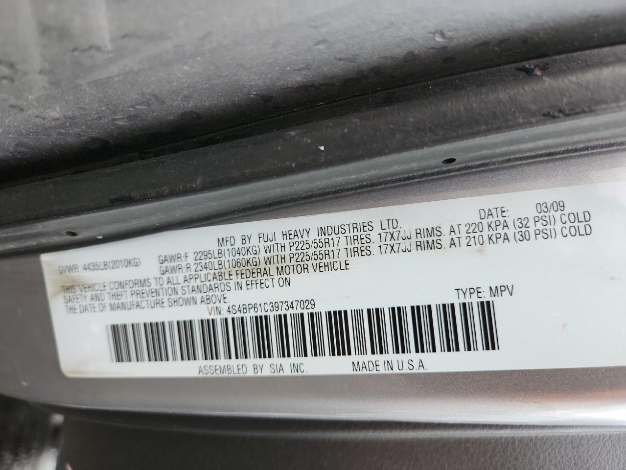 2009 Subaru Outback 2.5I VIN: 4S4BP61C397347029 Lot: 93531095