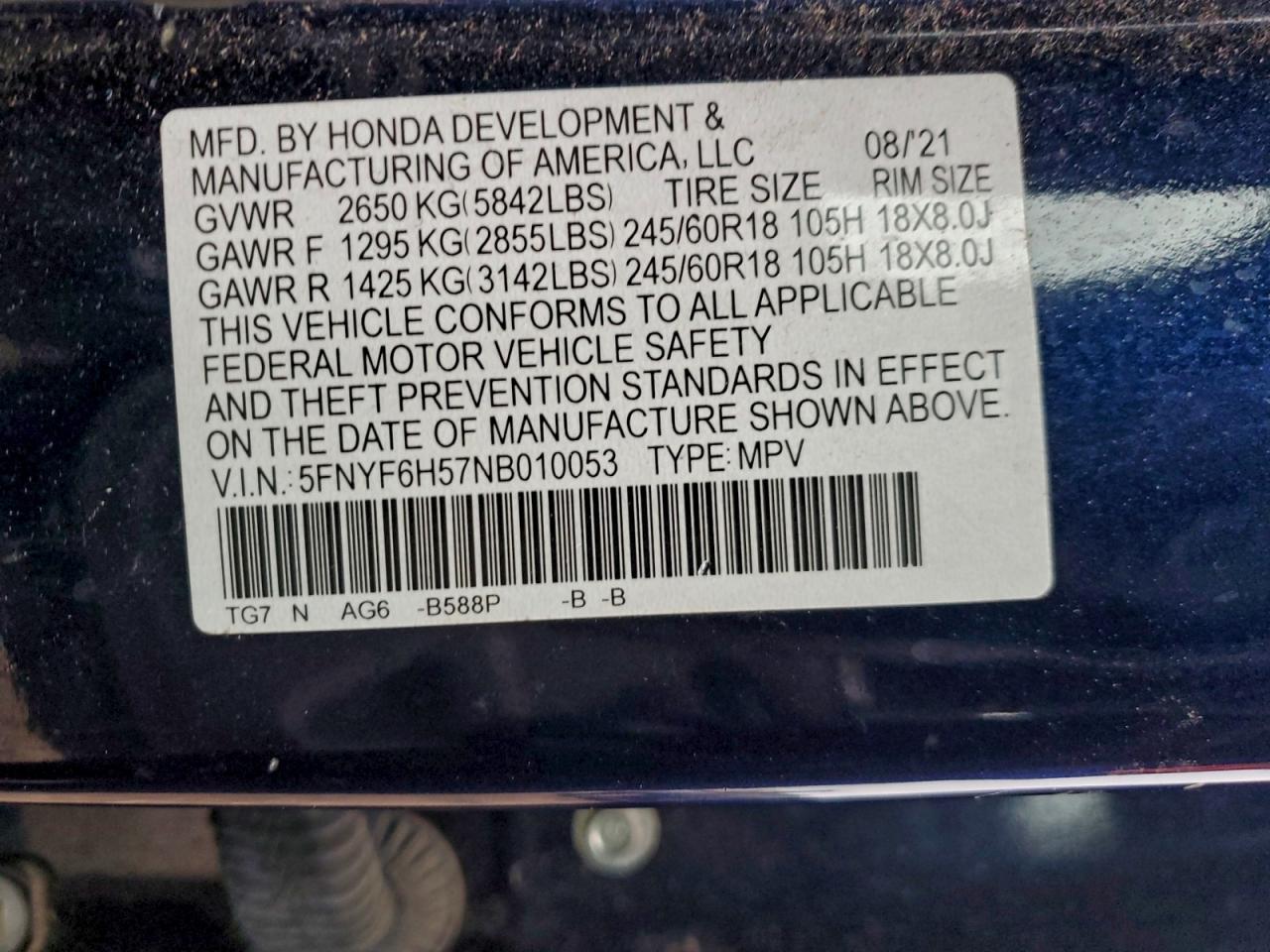 2022 Honda Pilot Exl VIN: 5FNYF6H57NB010053 Lot: 94469275